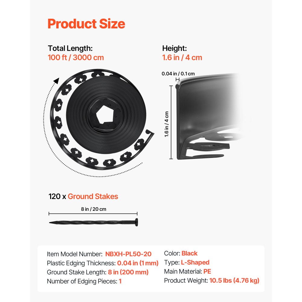 VEVOR Landscape Edging, 3000 x 4 cm Plastic Garden Border Edging with 120 Spikes, No Dig, Flexible Lawn Edgings Roll, UV-Resistant Mini Fence Borders Pathway Edgings for Flower Beds Yard Paver