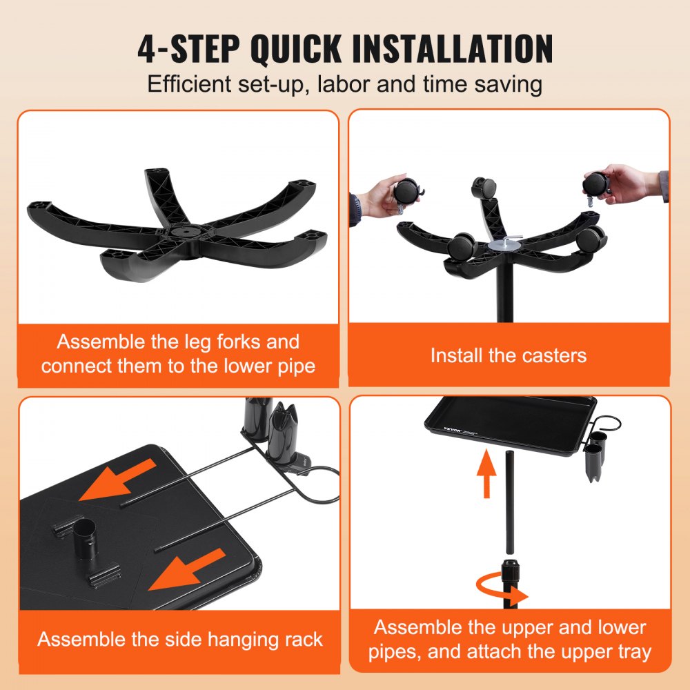 Wózek fryzjerski VEVOR, wózek salonowy z regulacją wysokości, wózek roboczy, wózek walcowany na zimno z 5 kołami (2 blokowane) do SPA, salonu fryzjerskiego, kliniki, czarny