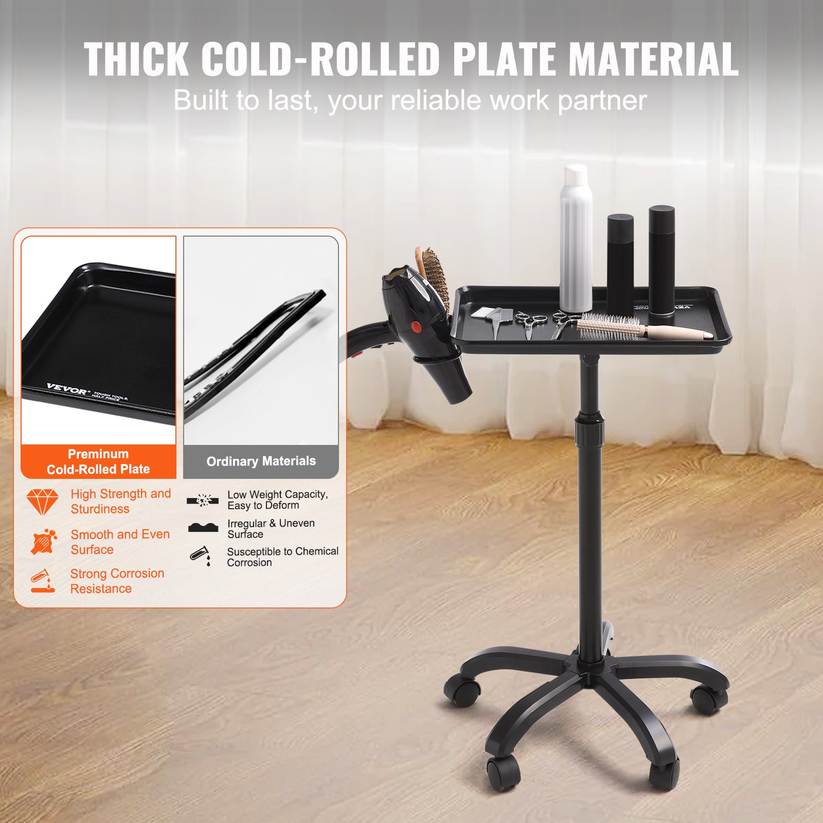 Wózek fryzjerski VEVOR, wózek salonowy z regulacją wysokości, wózek roboczy, wózek walcowany na zimno z 5 kołami (2 blokowane) do SPA, salonu fryzjerskiego, kliniki, czarny