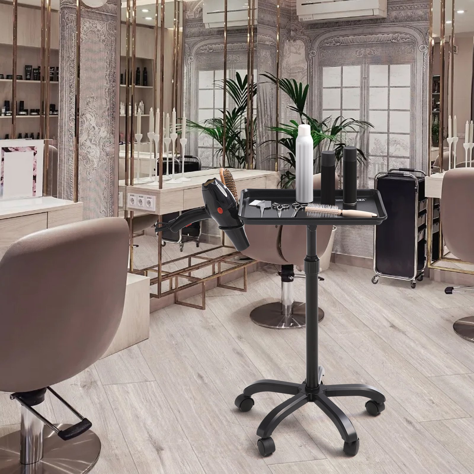 Wózek fryzjerski VEVOR, wózek salonowy z regulacją wysokości, wózek roboczy, wózek walcowany na zimno z 5 kołami (2 blokowane) do SPA, salonu fryzjerskiego, kliniki, czarny