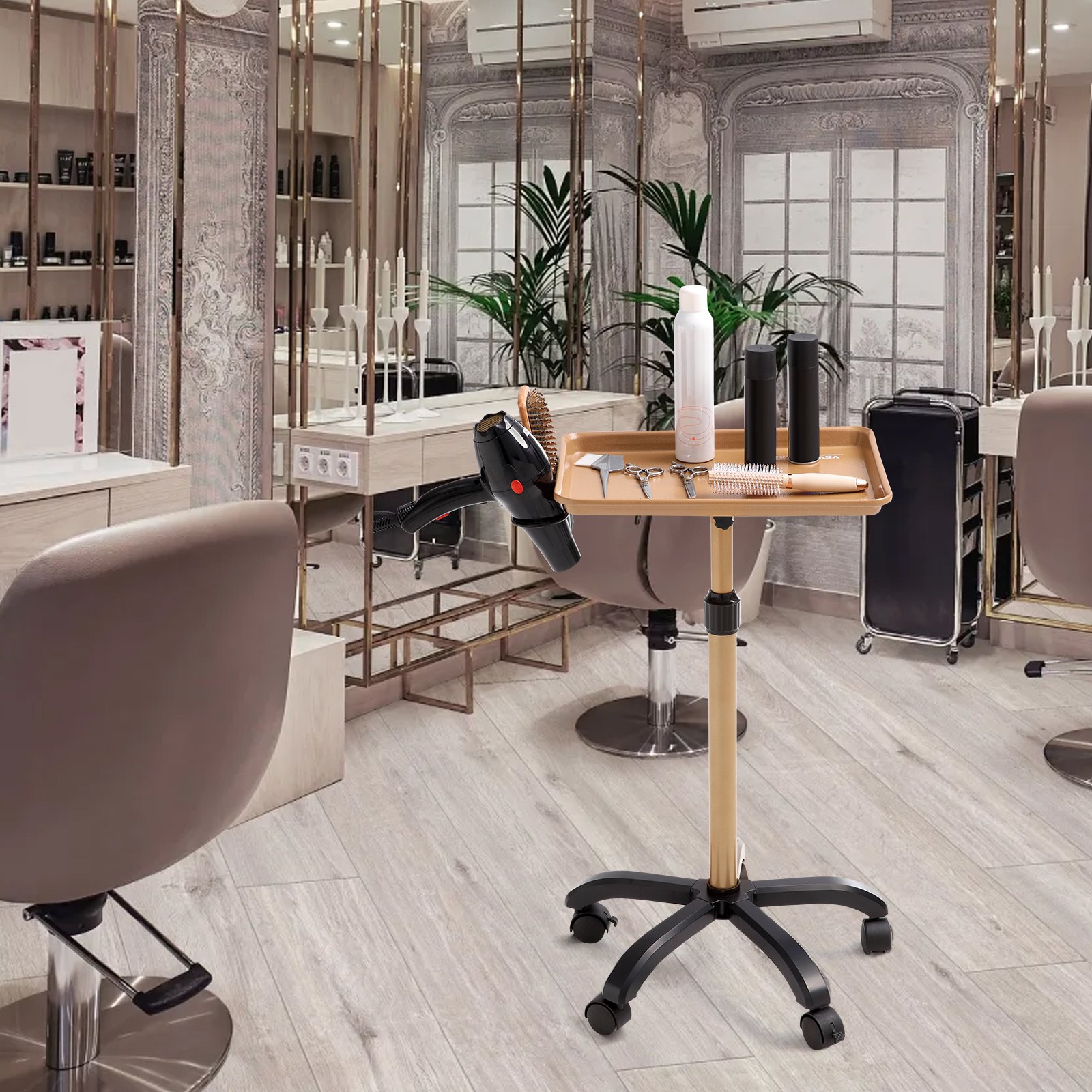 VEVOR Salon Tray Wózek z regulacją wysokości Taca salonowa na kółkach 30-43" Taca do tatuażu walcowana na zimno z 5 kółkami (2 zamykane) do kliniki fryzjerskiej SPA Złoty Czarny