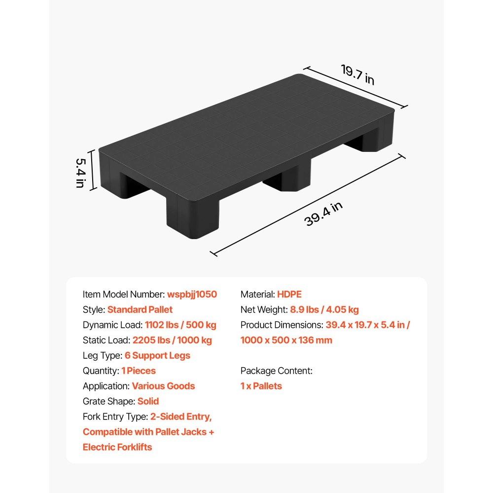 Paleta plastikowa VEVOR 1000x500x136 mm, uniwersalna, lekka paleta o nośności statycznej 1000 kg, zamknięta paleta przemysłowa z wejściem dwustronnym, składana paleta podłogowa do magazynu, garażu, supermarketu