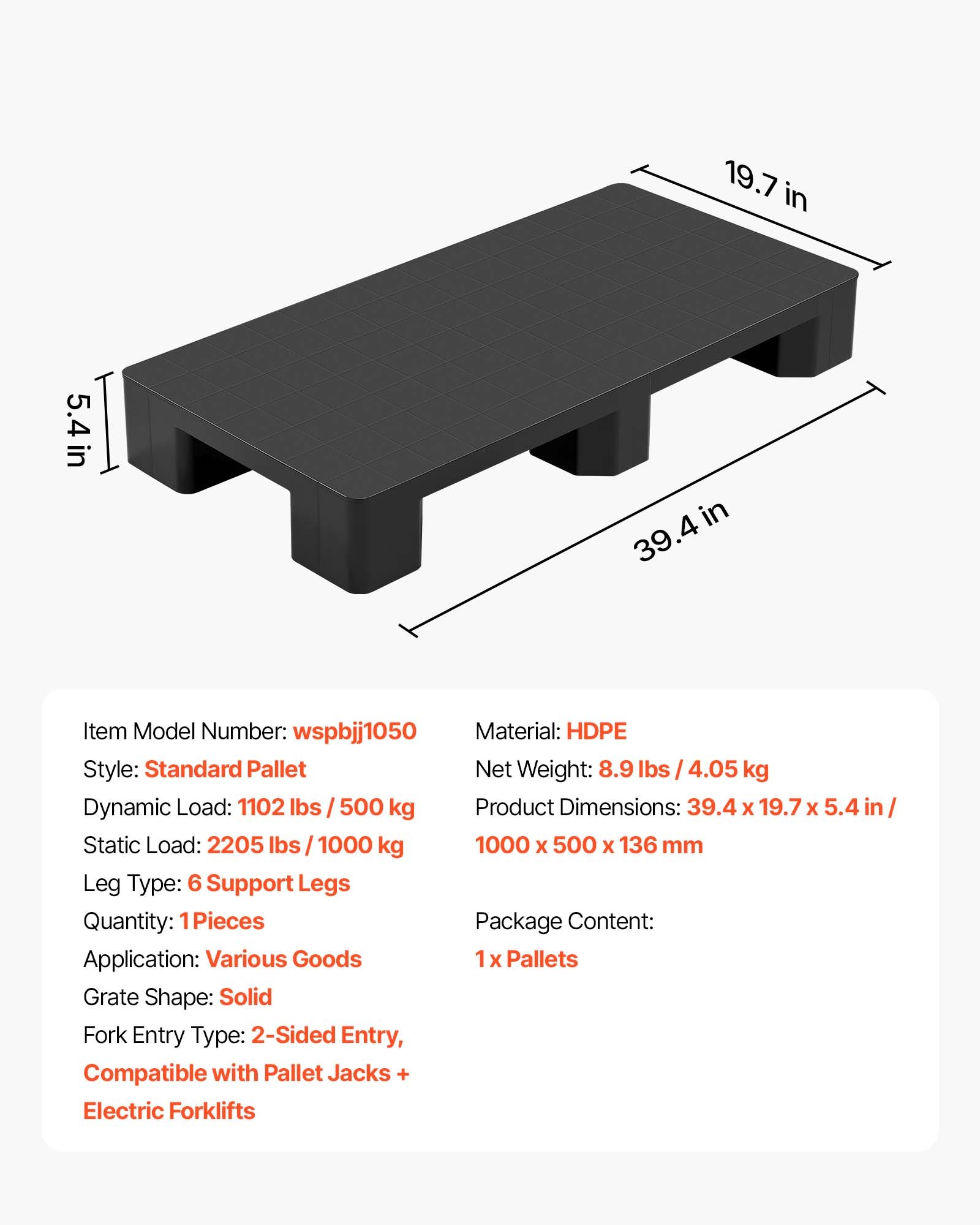 Paleta plastikowa VEVOR 1000x500x136 mm, uniwersalna, lekka paleta o nośności statycznej 1000 kg, zamknięta paleta przemysłowa z wejściem dwustronnym, składana paleta podłogowa do magazynu, garażu, supermarketu