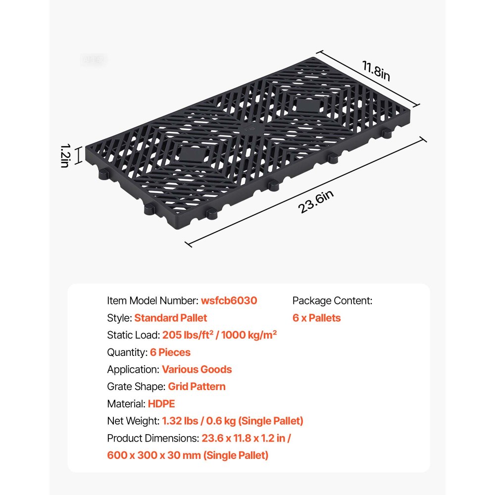 VEVOR 6 palet plastikowych 600x300x30 mm, lekkie palety gniazdowe o nośności statycznej 1000 kg/m², palety przemysłowe z konstrukcją kratową, łączenie zatrzaskowe, palety podstawowe do magazynów, garaży i supermarketów