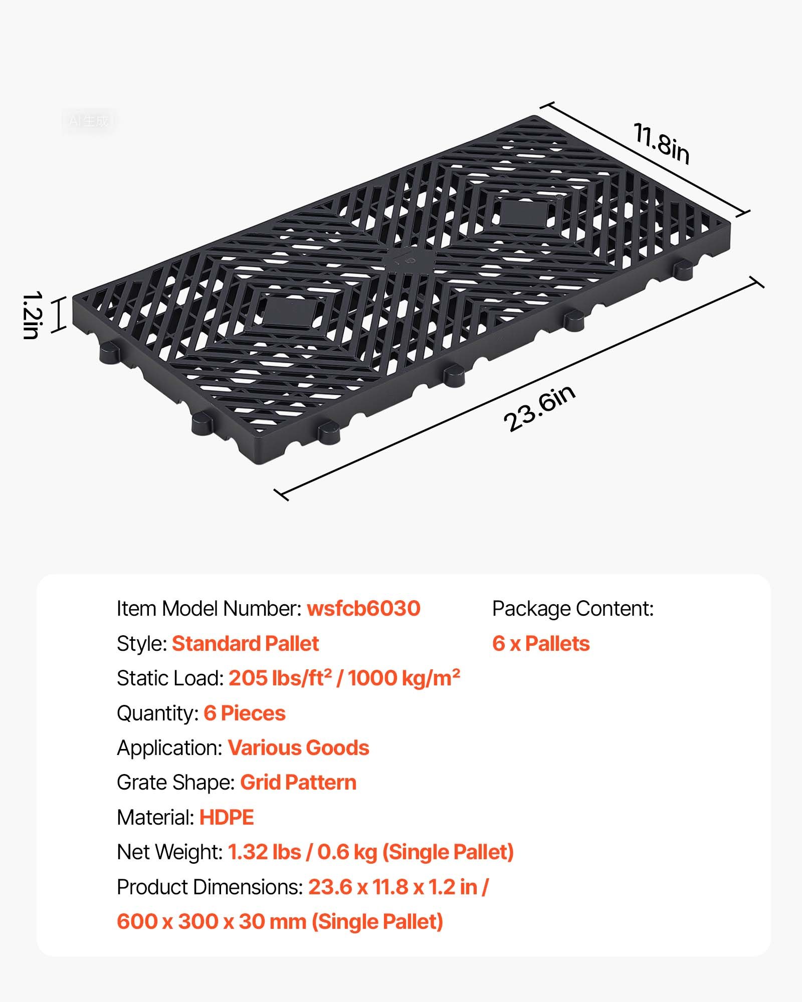 VEVOR 6 palet plastikowych 600x300x30 mm, lekkie palety gniazdowe o nośności statycznej 1000 kg/m², palety przemysłowe z konstrukcją kratową, łączenie zatrzaskowe, palety podstawowe do magazynów, garaży i supermarketów