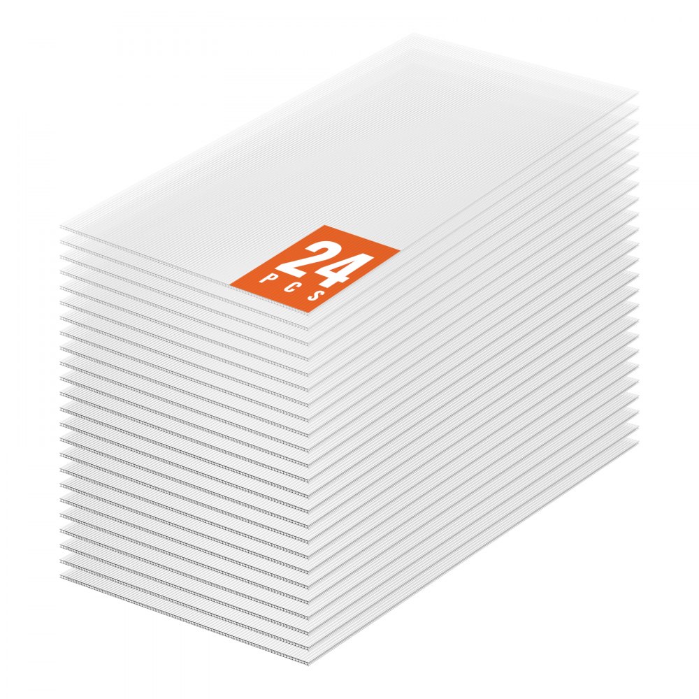 VEVOR 24-częściowe poliwęglanowe płyty szklarniowe, 1210 x 605 x 4 mm, płyty wielokomorowe, wodoodporne, faliste płyty dwukomorowe z ochroną UV, odporne na uderzenia, przezroczyste panele dachowe do szklarni/ogrodów