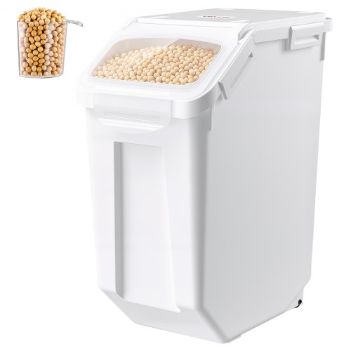 Pojemnik na ryż VEVOR 20 l Pojemnik na karmę dla zwierząt wykonany z tworzywa sztucznego PP, układany w stosy, do przechowywania zbóż, ryżu (14 kg), musli i mąki (10 kg), szczelna pokrywa, podwójny pierścień uszczelniający, okienko i miarka