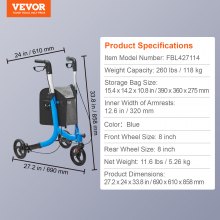 3-kołowy wózek spacerowy VEVOR, składany aluminiowy wózek spacerowy z regulowaną rączką, lekki wózek spacerowy Trio z torbą do przechowywania, ładowność 118 kg, niebieski