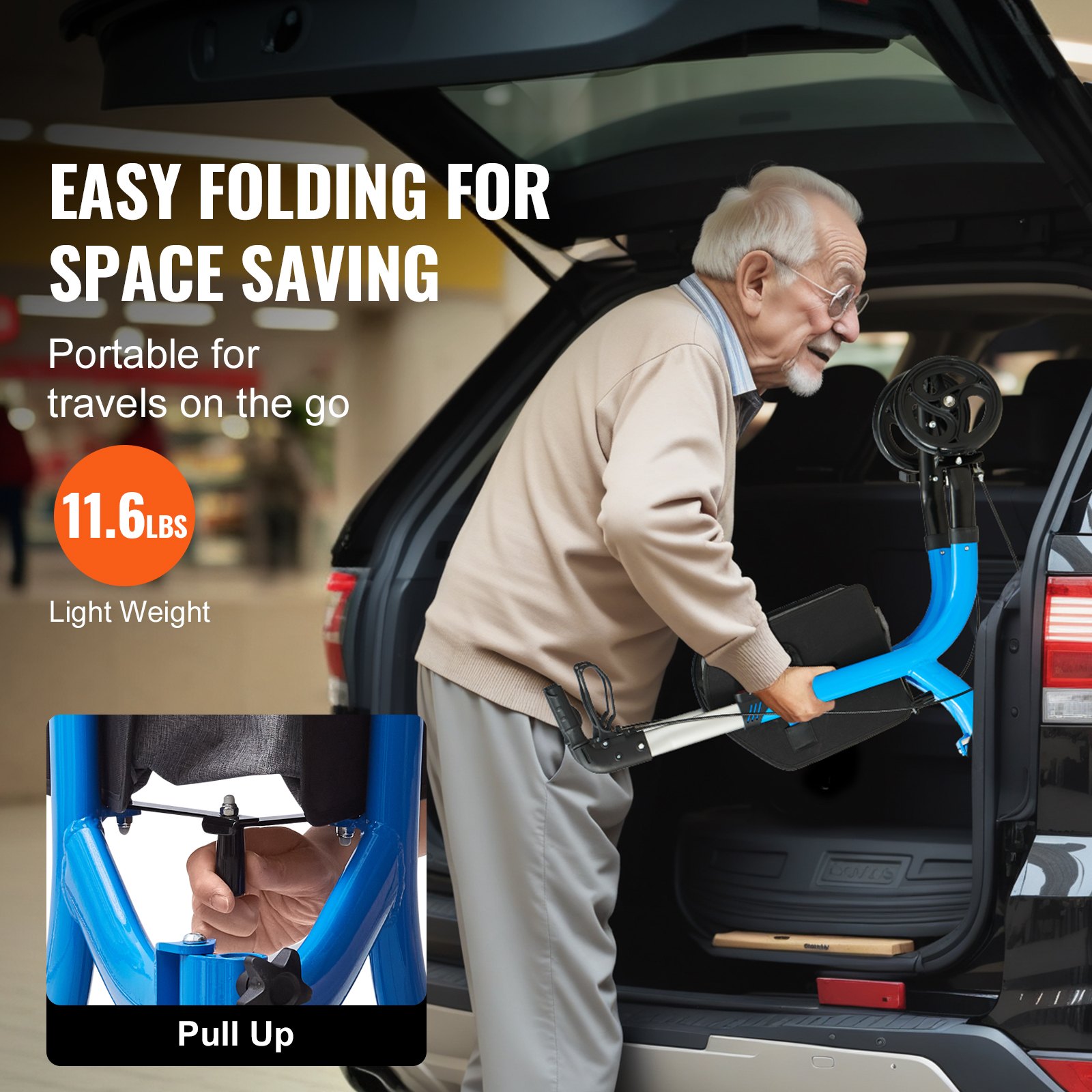 VEVOR 3-kołowy chodzik aluminiowy, składany, z regulowaną rączką, lekki chodzik turystyczny Trio z torbą do przechowywania, udźwig 118 kg, kolor niebieski