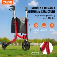 3-kołowy wózek spacerowy VEVOR dla seniorów, składany aluminiowy wózek z regulowaną rączką, chodzik Trio Outdoor Mobility z kółkami i torbą do przechowywania, nośność 118 kg, czerwony