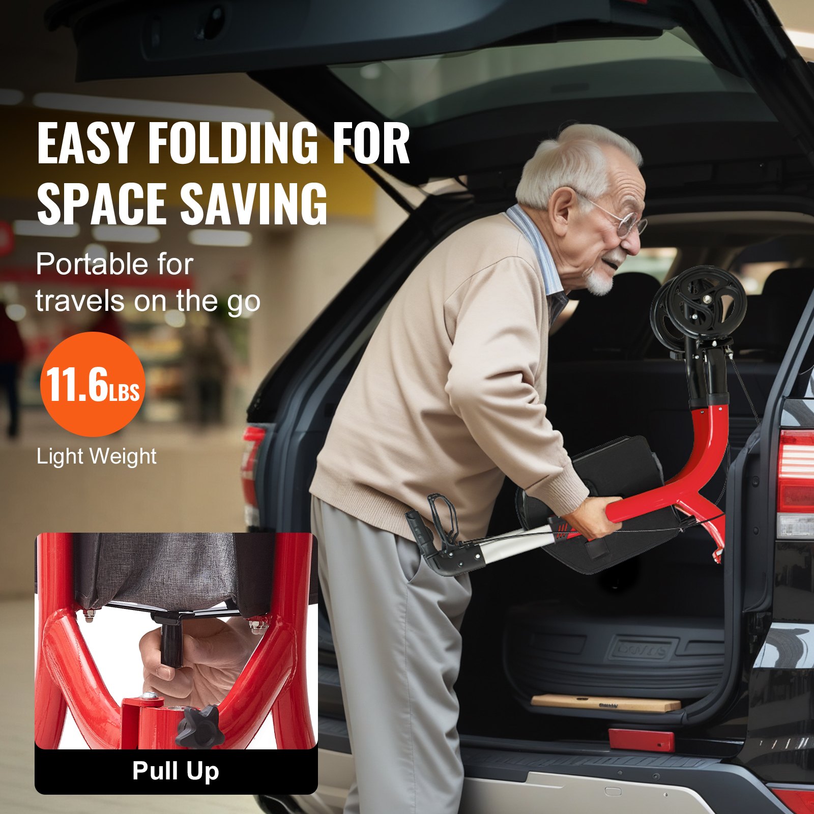 VEVOR 3-kołowy chodzik dla seniorów, składany aluminiowy chodzik z regulowaną rączką, chodzik Trio Mobility do użytku na zewnątrz z kółkami i torbą do przechowywania, udźwig 118 kg, kolor czerwony