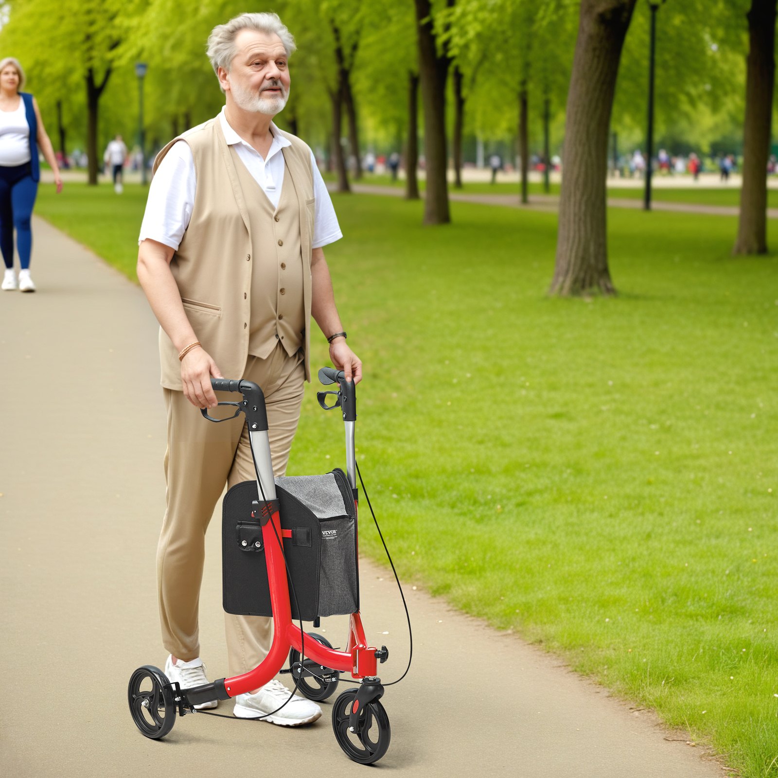 VEVOR 3-kołowy chodzik dla seniorów, składany aluminiowy chodzik z regulowaną rączką, chodzik Trio Mobility do użytku na zewnątrz z kółkami i torbą do przechowywania, udźwig 118 kg, kolor czerwony