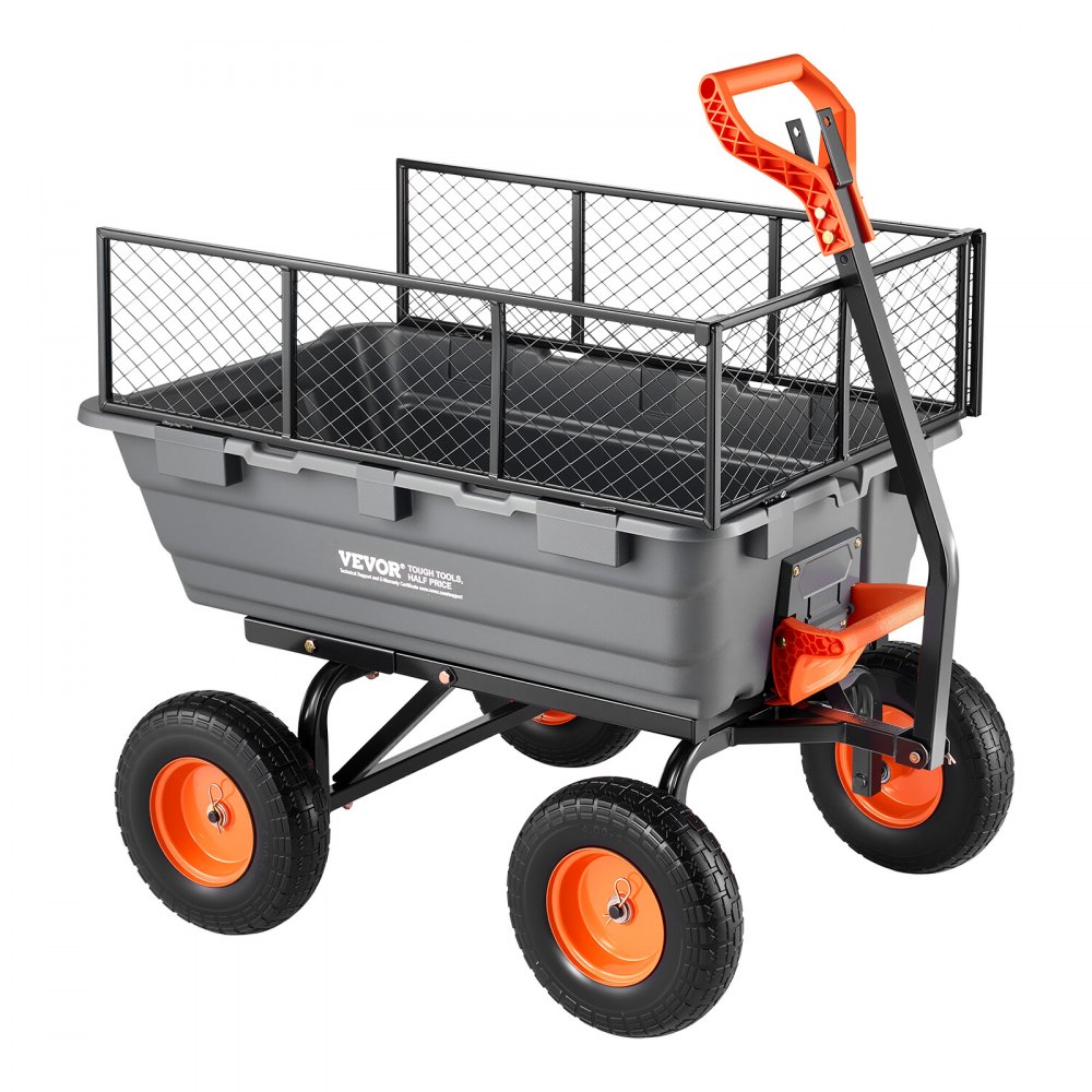 Wózek ogrodowy VEVOR z funkcją wywrotu, udźwig 544 kg, obrotowy wózek transportowy do prac ogrodowych o kącie 270°, wykonany z tworzywa sztucznego i stali, z 13-calowymi oponami poliuretanowymi i metalowym ogrodzeniem do trawników, żwiru i błota