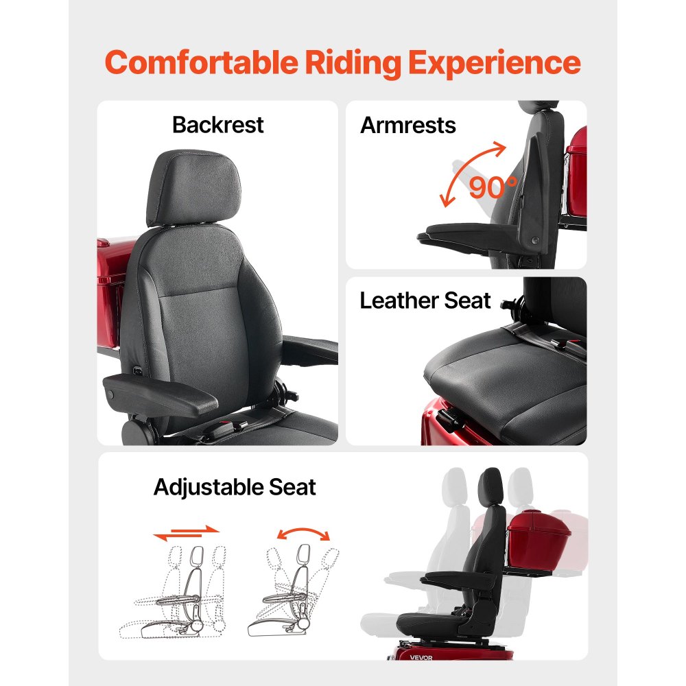 VEVOR 4-kołowy elektryczny skuter inwalidzki dla seniorów, ładowność 227 kg, zasięg 35 km, 3 prędkości, skuter terenowy o mocy 1 kW, maks. nachylenie 20°