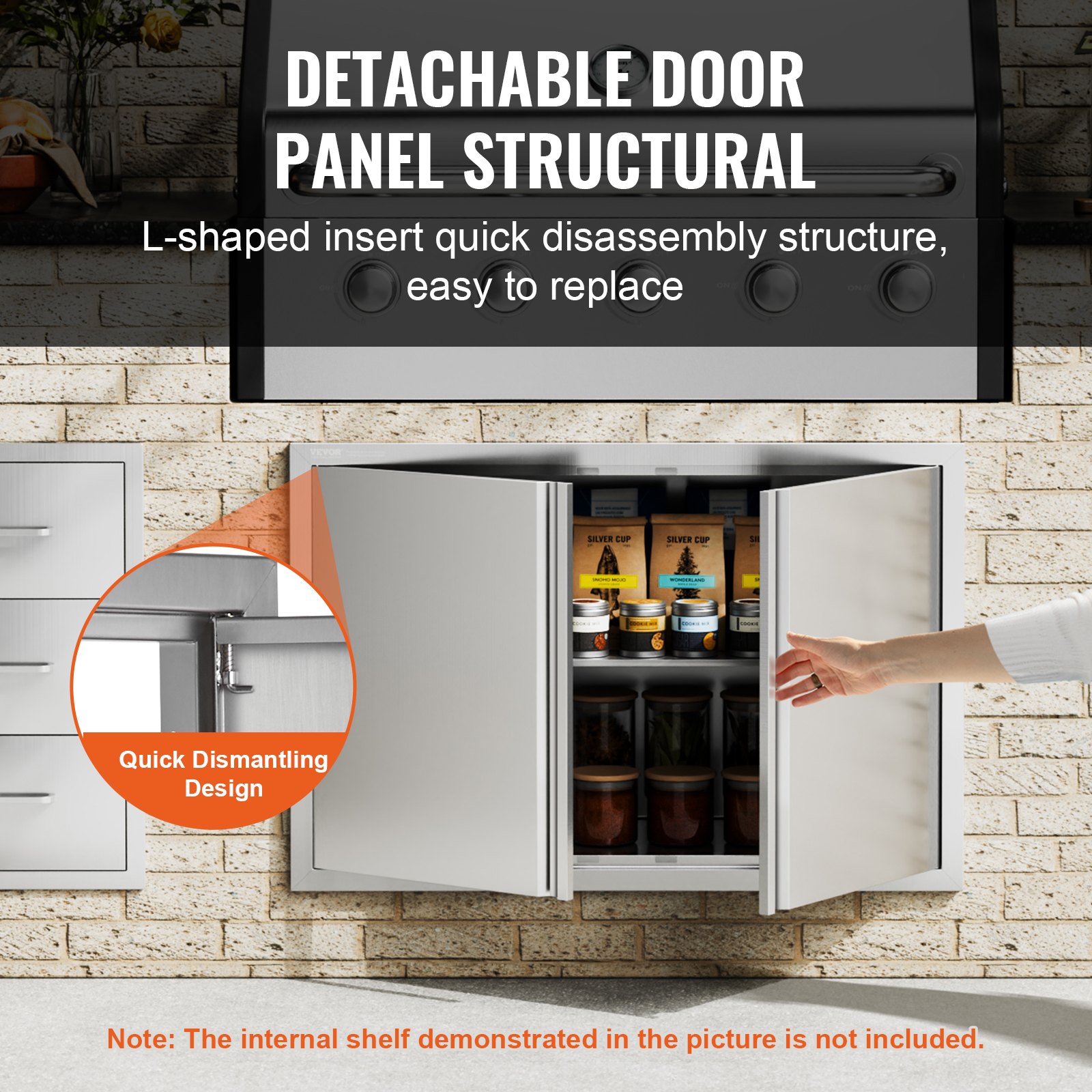 VEVOR Grill Access Door, 914 x 610 mm, Double Outdoor Kitchen Door, Flush Mounted Stainless Steel Door, Vertical Wall Door with Retractable Handles, for Grill Island, Grill Station, Outdoor Cabinet