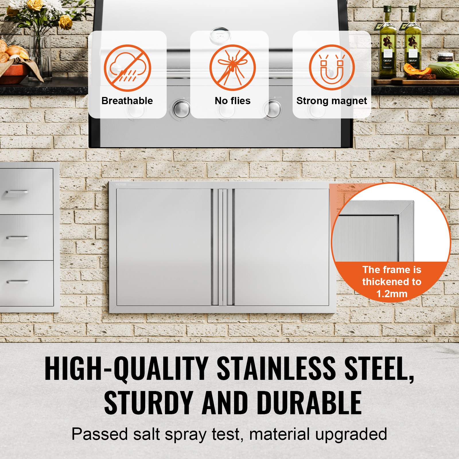VEVOR Grill Access Door, 914 x 534 mm, Double Outdoor Kitchen Door, Flush Mounted Stainless Steel Door, Vertical Wall Door with Retractable Handles, for Grill Island, Grill Station, Outdoor Cabinet
