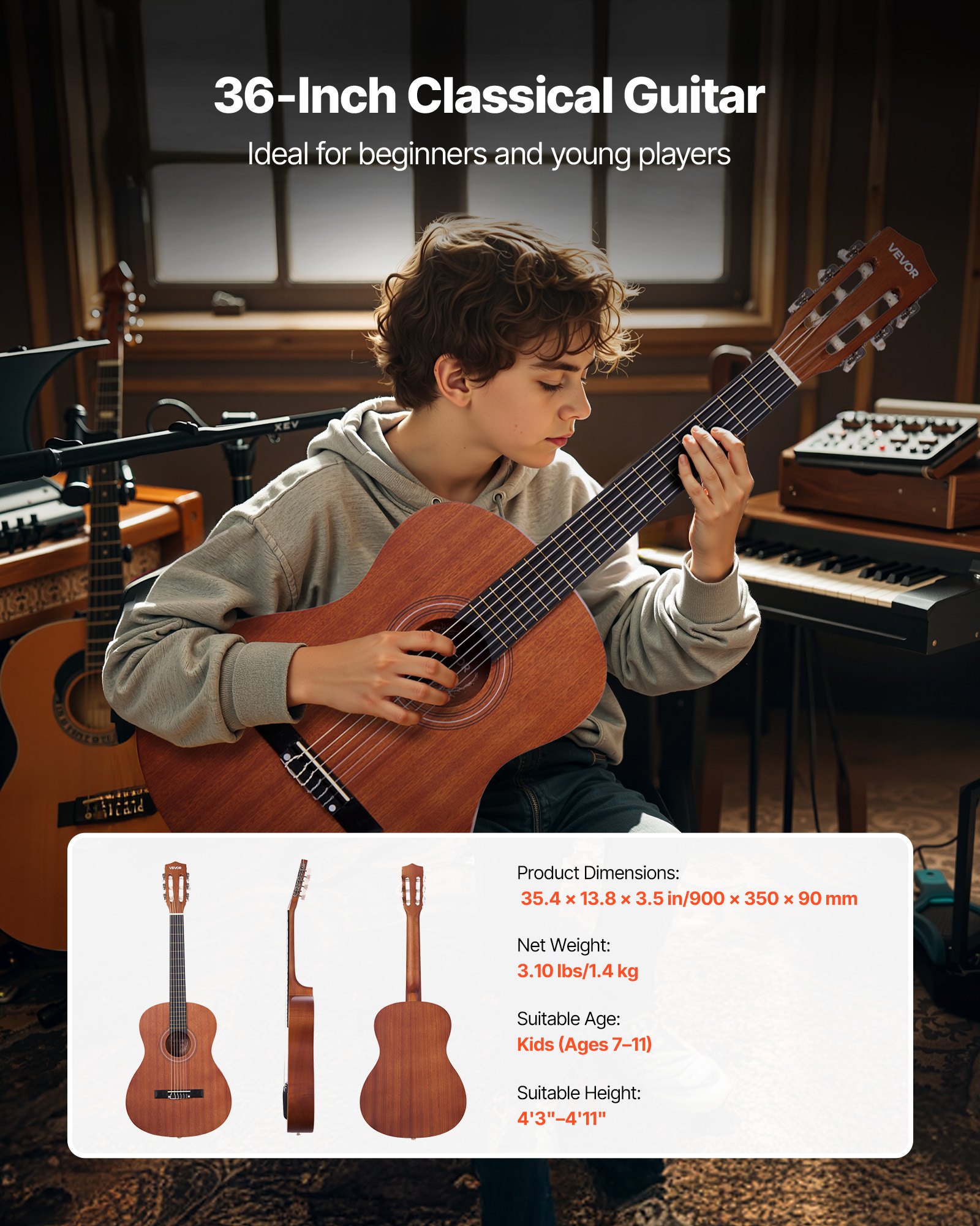 VEVOR Classical Guitar, 900 mm, Wood Classical Guitar Starter Kit for Beginners, with Nylon Strings, Gig Bag, Strap, Tuner, Extra Strings, Picks, Capo, Sapele & Rosewood, for Kids Girls Boys, Natural