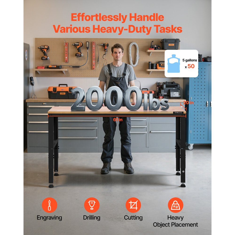 Stół warsztatowy VEVOR, 1549 x 508 mm, regulowana wysokość 688-914 mm, udźwig 900 kg, zawiera przyłącza elektryczne, powierzchnia z twardego drewna, metalowa rama i podkładki pod stopy, idealny do garażu, biura i domu