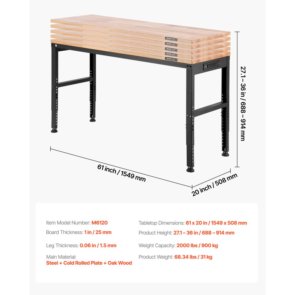Stół warsztatowy VEVOR, 1549 x 508 mm, regulowana wysokość 688-914 mm, udźwig 900 kg, zawiera przyłącza elektryczne, powierzchnia z twardego drewna, metalowa rama i podkładki pod stopy, idealny do garażu, biura i domu