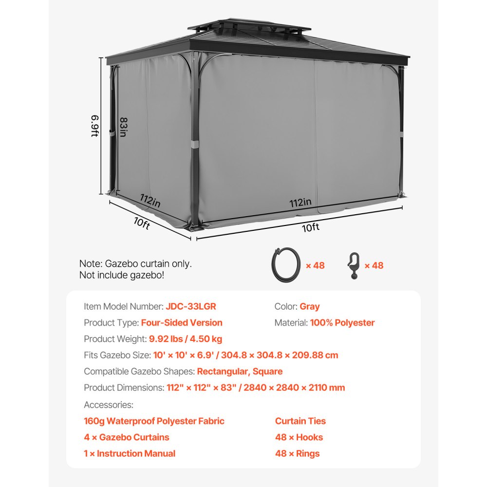 Zasłona tarasowa VEVOR, 2840x2840x2110 mm, 4-panelowa, zapewniająca prywatność, do altanki bocznej, z zamkami błyskawicznymi, zasłony przeciwsłoneczne jako zamiennik zadaszenia tarasu, TYLKO zasłony, kolor szary