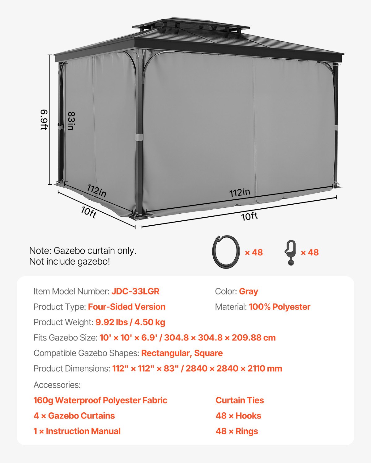 Zasłona tarasowa VEVOR, 2840x2840x2110 mm, 4-panelowa, zapewniająca prywatność, do altanki bocznej, z zamkami błyskawicznymi, zasłony przeciwsłoneczne jako zamiennik zadaszenia tarasu, TYLKO zasłony, kolor szary