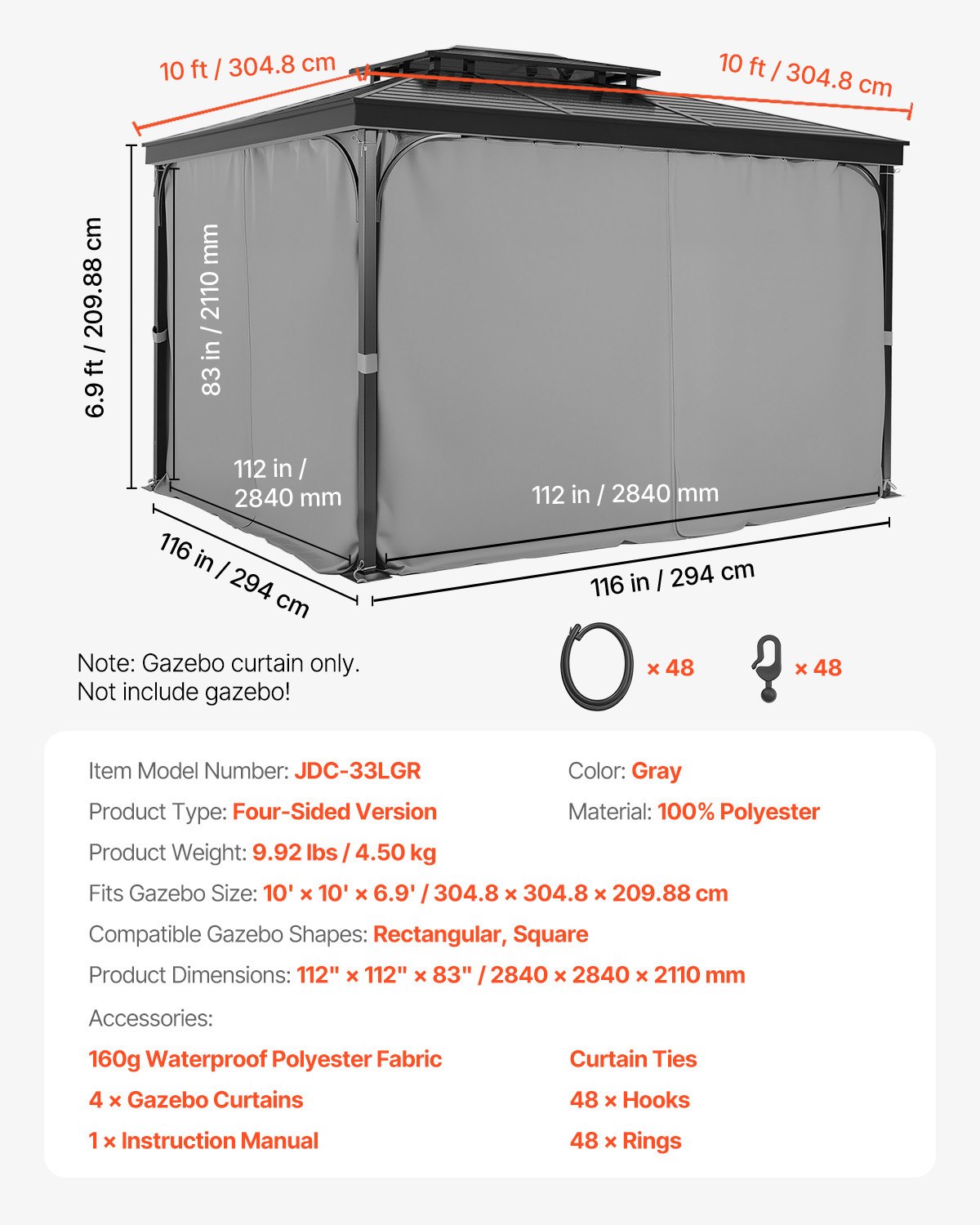 Zasłona tarasowa VEVOR, 2840x2840x2110 mm, 4-panelowa, zapewniająca prywatność, do altanki bocznej, z zamkami błyskawicznymi, zasłony przeciwsłoneczne jako zamiennik zadaszenia tarasu, TYLKO zasłony, kolor szary