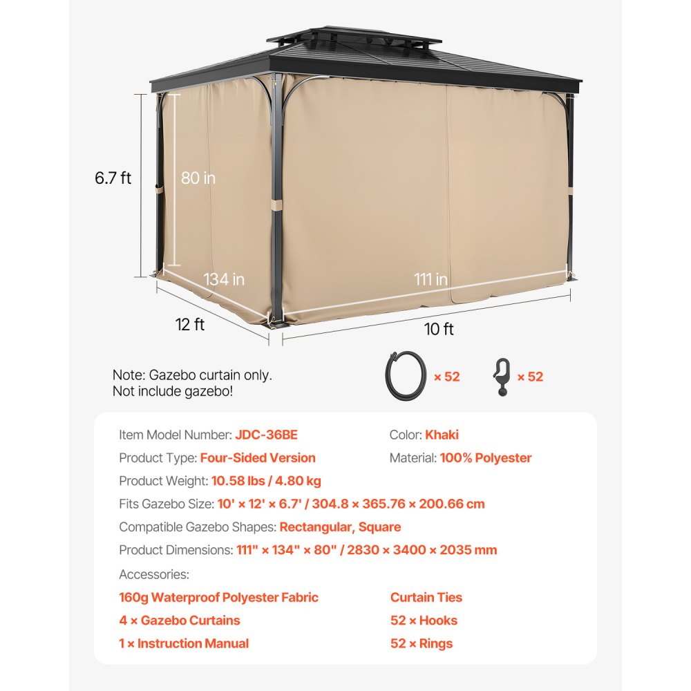 Zasłona tarasowa VEVOR, 2830x3400x2035 mm, Zasłony boczne zapewniające prywatność do altan z zamkami błyskawicznymi, Zasłony przeciwsłoneczne jako zamiennik osłony tarasu, Tylko zasłony, Khaki