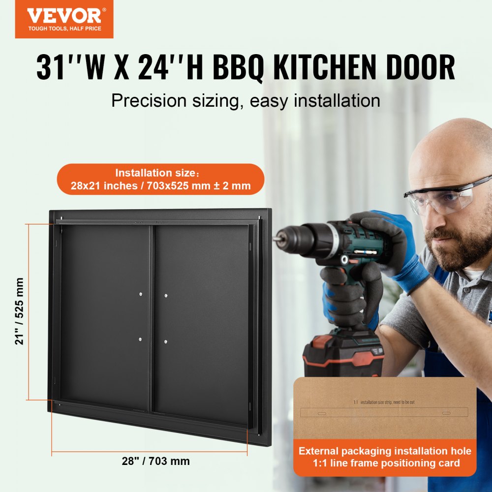 Drzwi dostępowe do grilla VEVOR, 788 x 610 x 46 mm, podwójne drzwi do kuchni zewnętrznej, drzwi z płytą chłodzącą montowane na równi z powierzchnią, pionowe drzwi ścienne z uchwytami, do wyspy grillowej, stanowiska grillowego, szafki zewnętrznej