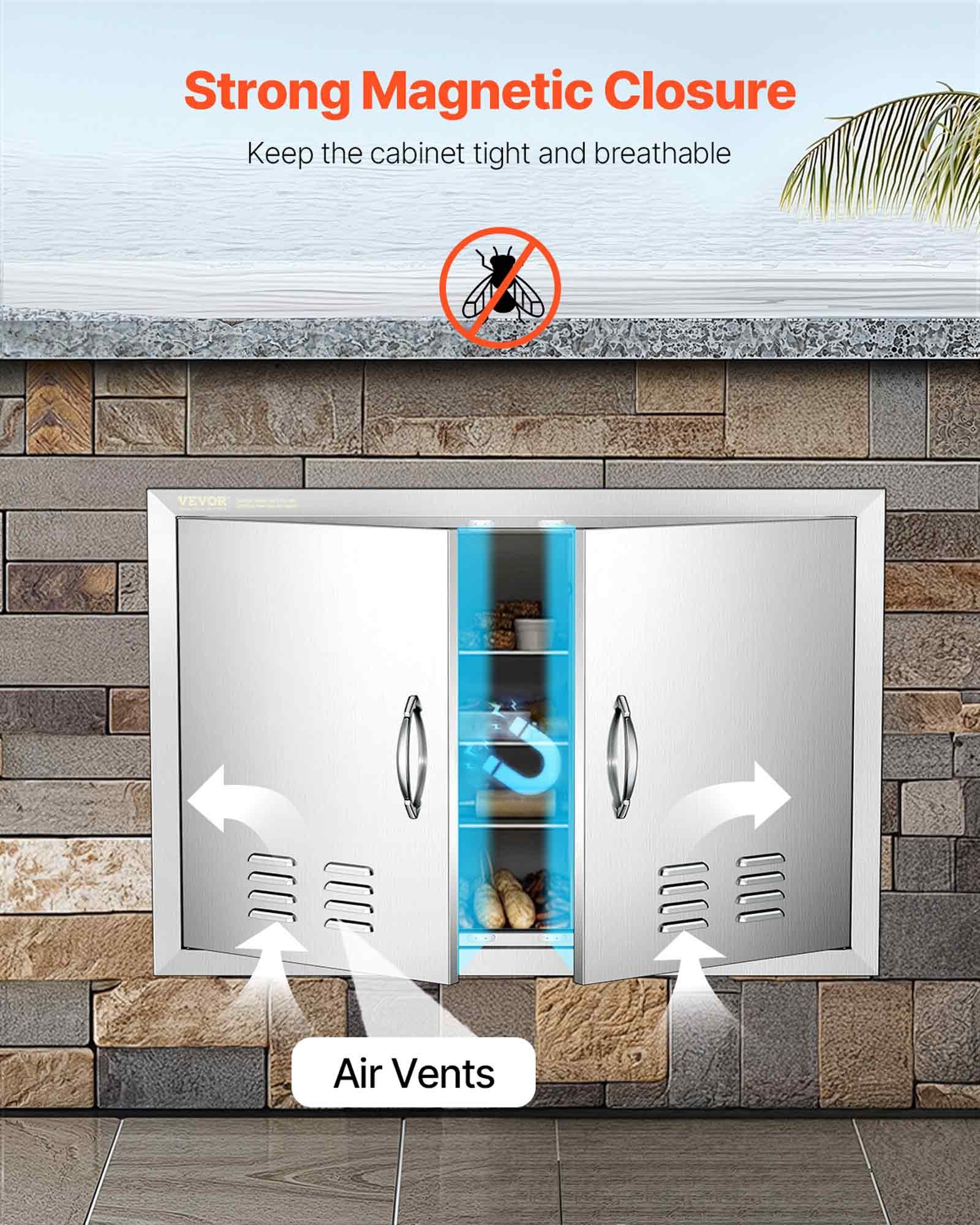 VEVOR Grill Access Door, 762 x 533 mm, Double Outdoor Kitchen Door, Flush Mounted Stainless Steel Door, Vertical Wall Door with Handles and Ventilation Slots, for Grill Island, Grill Station, Outdoor Cabinet