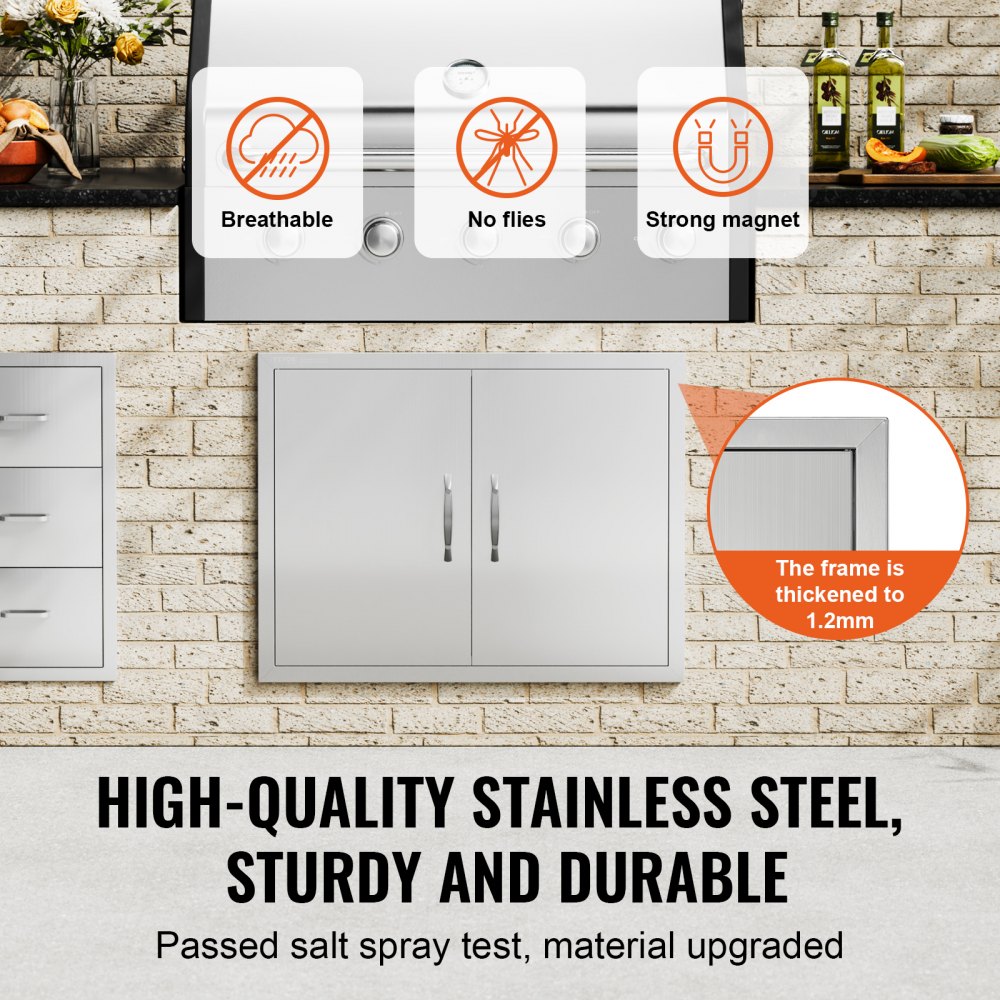 VEVOR Grill Access Door, 787 x 609 mm, Double Outdoor Kitchen Door, Flush Mounted Stainless Steel Door, Double-Walled Vertical Door with Handles and Hooks, for Grill Island, Grill Station, Outdoor Cabinet