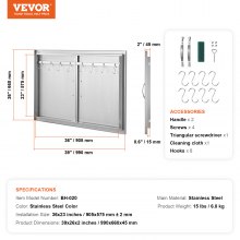 Drzwi dostępowe do grilla VEVOR, 990 x 660 mm, podwójne zewnętrzne drzwi kuchenne, drzwi ze stali nierdzewnej montowane podtynkowo, pionowe drzwi ścienne z uchwytami i haczykami, do wyspy grillowej, stacji grillowej, szafki zewnętrznej