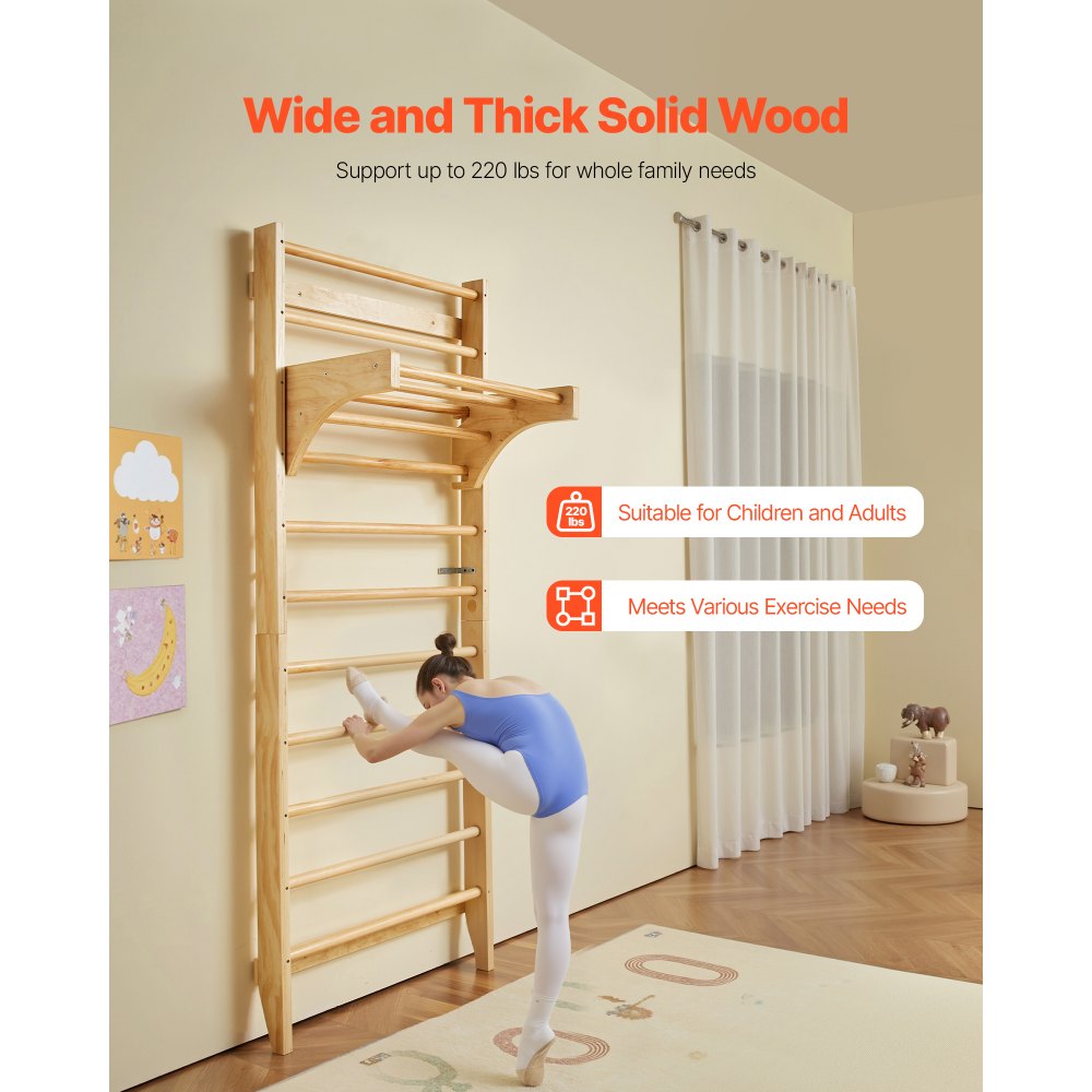 VEVOR Swedish Ladder Wall Gym, 10-Level Solid Wood Indoor Jungle Gym, 220lbs Loading Indoor Playground Climbing Ladder for Kid Adults, Gymnastic Stall Bars with Pull-Up Bar - Ideal Gift for Boys Girls