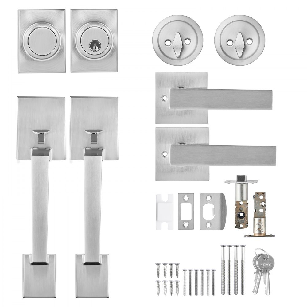 VEVOR Double Door Handle Set, Double Door Lock Set with Reversible Lever Handle, Square Door Lever in Satin Nickel, Robust Double Front Door Handle Set, Door Handle for Front Door or Office Door