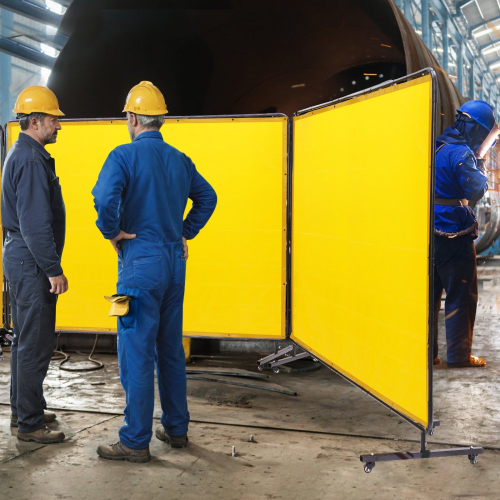 VEVOR 3-panelowa osłona spawalnicza z winylu trudnopalnego, 1,8 x 2,4 m, z 12 obrotowymi kółkami i 6-stopniową ochroną UV, koc spawalniczy, żółty