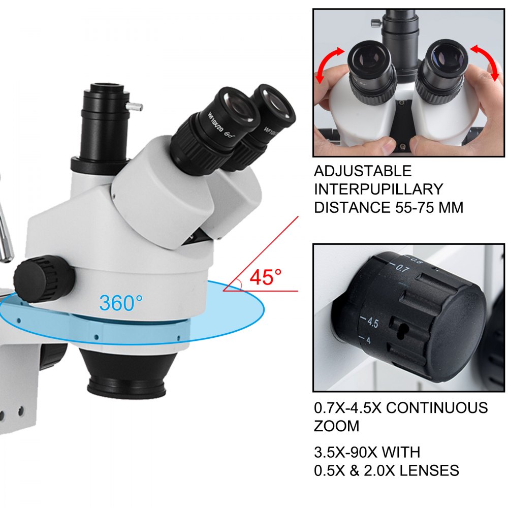 VEVOR 3.5X-90X Simul Focal Trinocular Zoom Stereo Microscope Al-Zn Alloy 360 Degree Rotatable Trinocular Stereo Microscope Dual Arm Stand Laboratory Video Microscope Two Height Adjustable Stands Accessories
