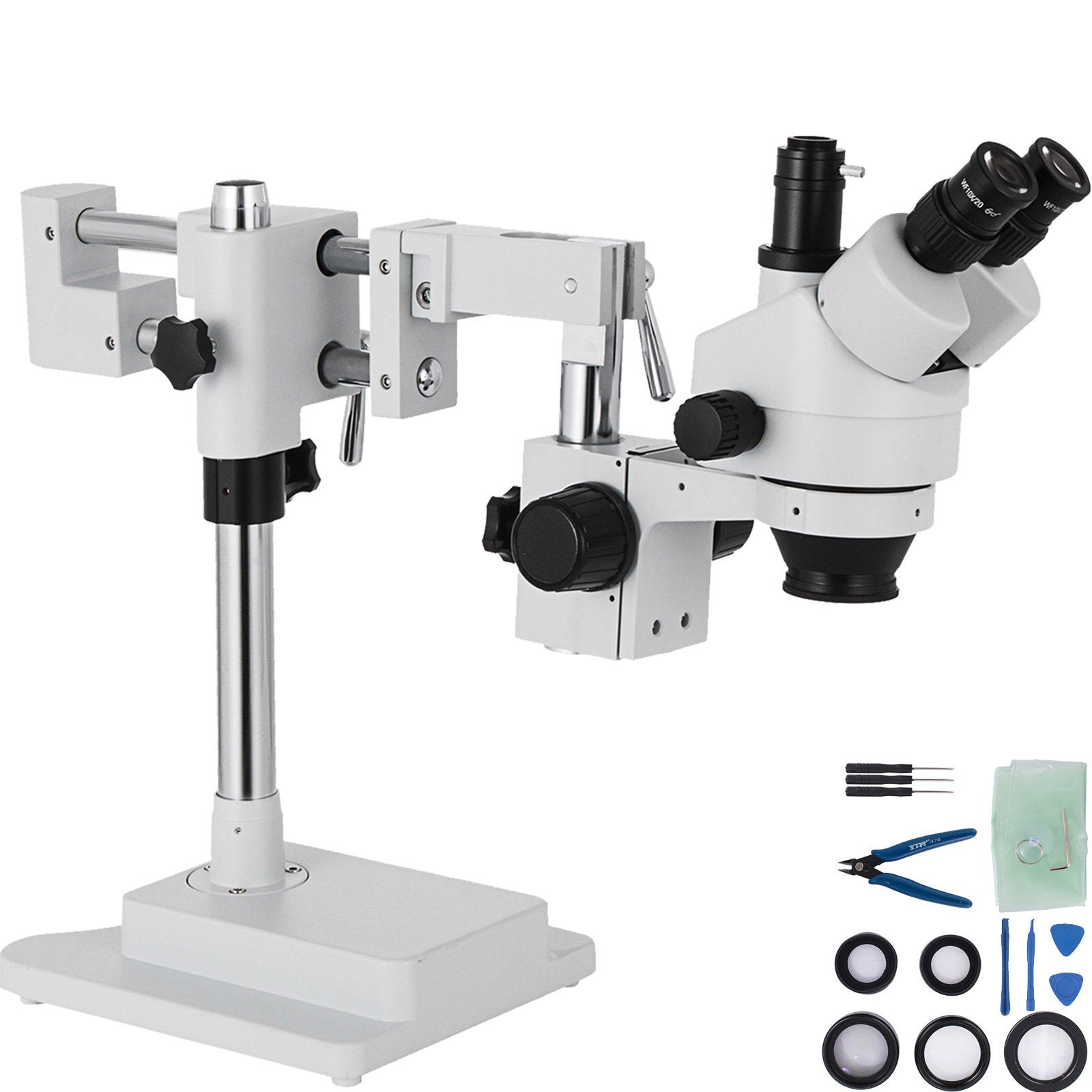 VEVOR 3.5X-90X Simul Focal Trinocular Zoom Stereo Microscope Al-Zn Alloy 360 Degree Rotatable Trinocular Stereo Microscope Dual Arm Stand Laboratory Video Microscope Two Height Adjustable Stands Accessories
