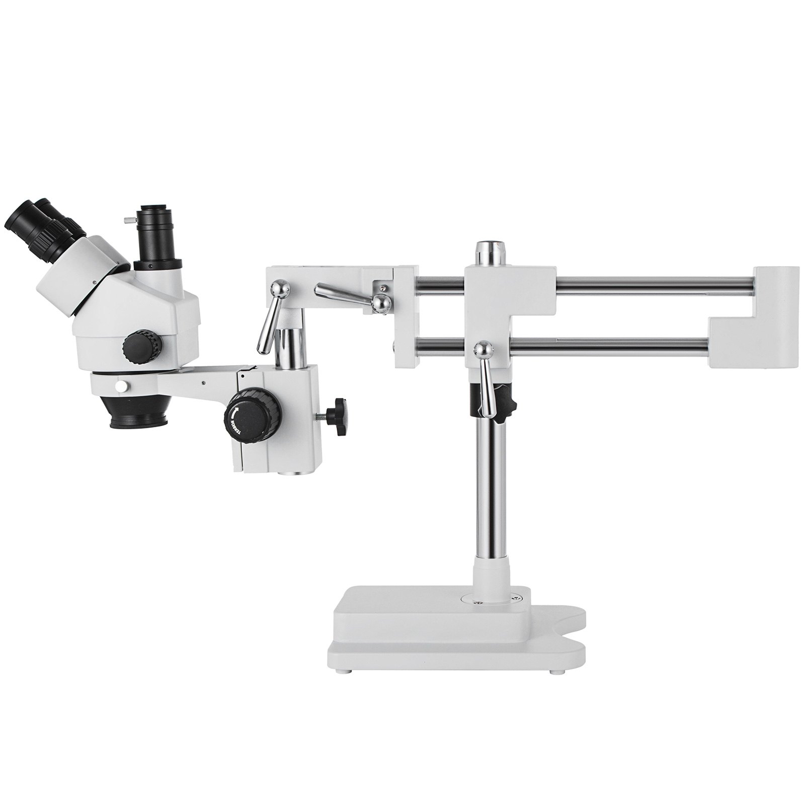 VEVOR 3.5X-90X Simul Focal Trinocular Zoom Stereo Microscope Al-Zn Alloy 360 Degree Rotatable Trinocular Stereo Microscope Dual Arm Stand Laboratory Video Microscope Two Height Adjustable Stands Accessories