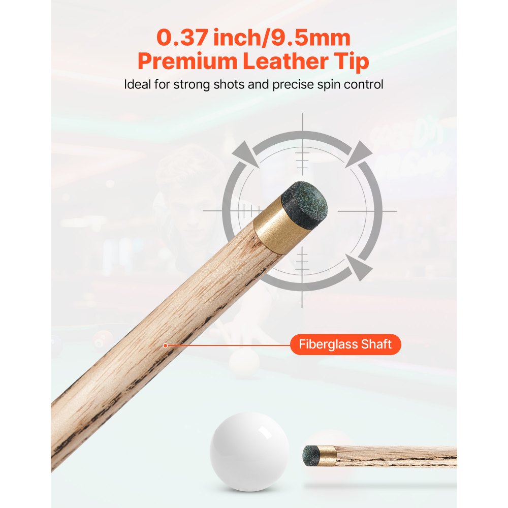 Kij snookerowy VEVOR (1447,8 mm / 540 g) z przedłużonym trzonkiem, skórzaną końcówką, aluminiowym etui i ręcznikiem; odpowiedni do profesjonalnych stołów bilardowych, barów, domów i biur.