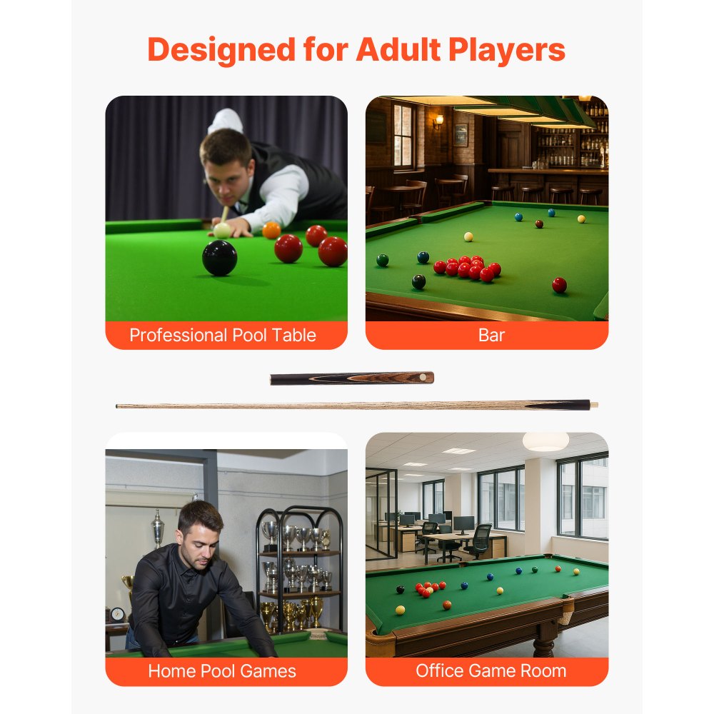 Kij snookerowy VEVOR (1447,8 mm / 540 g) z przedłużonym trzonkiem, skórzaną końcówką, aluminiowym etui i ręcznikiem; odpowiedni do profesjonalnych stołów bilardowych, barów, domów i biur.