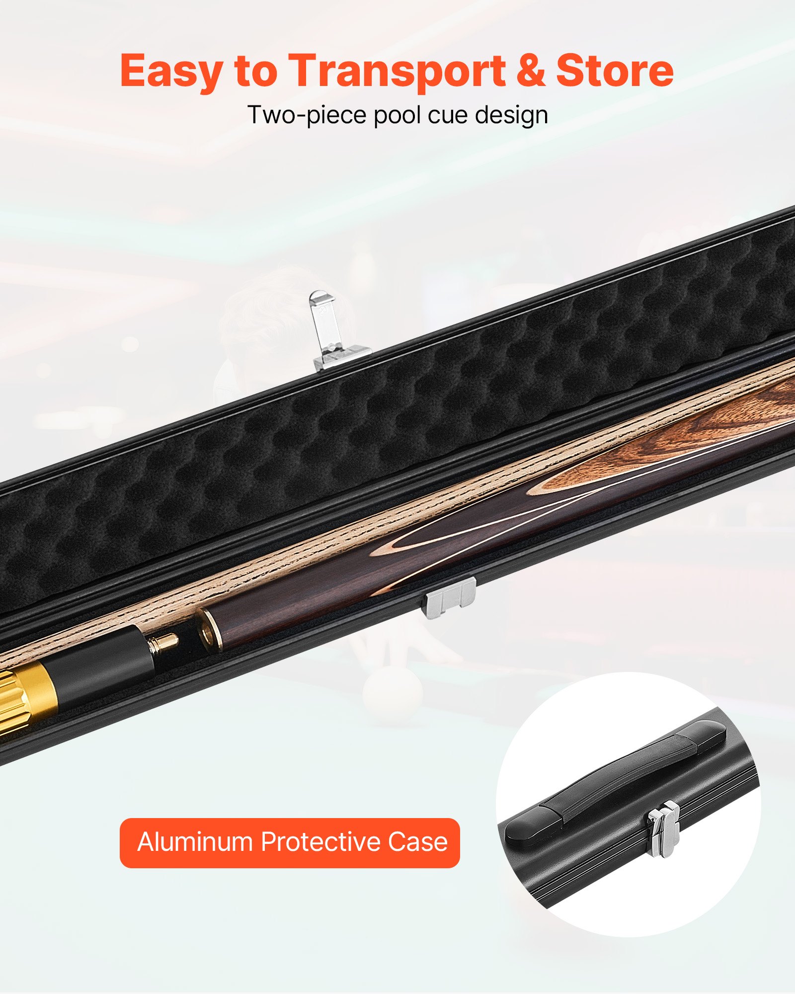 Kij snookerowy VEVOR (1447,8 mm / 540 g) z przedłużonym trzonkiem, skórzaną końcówką, aluminiowym etui i ręcznikiem; odpowiedni do profesjonalnych stołów bilardowych, barów, domów i biur.