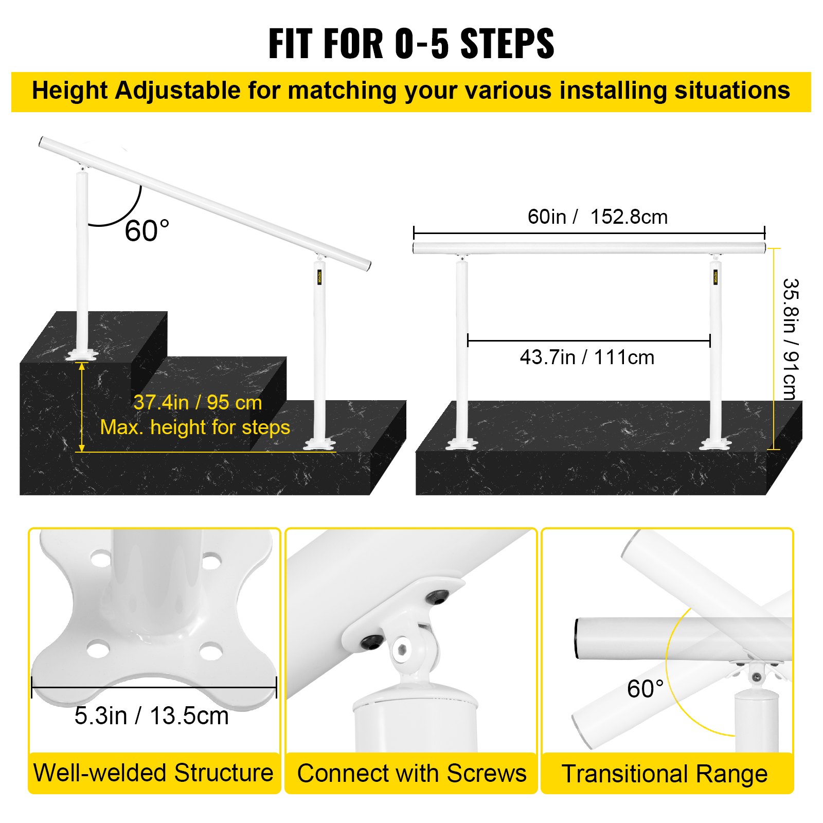 VEVOR Stair Railing Set, 1.5 m Handrails for 0-5 Steps, Adjustable Angle, White Aluminum Stair Handrail for the Elderly, Handrails for Outdoor Steps