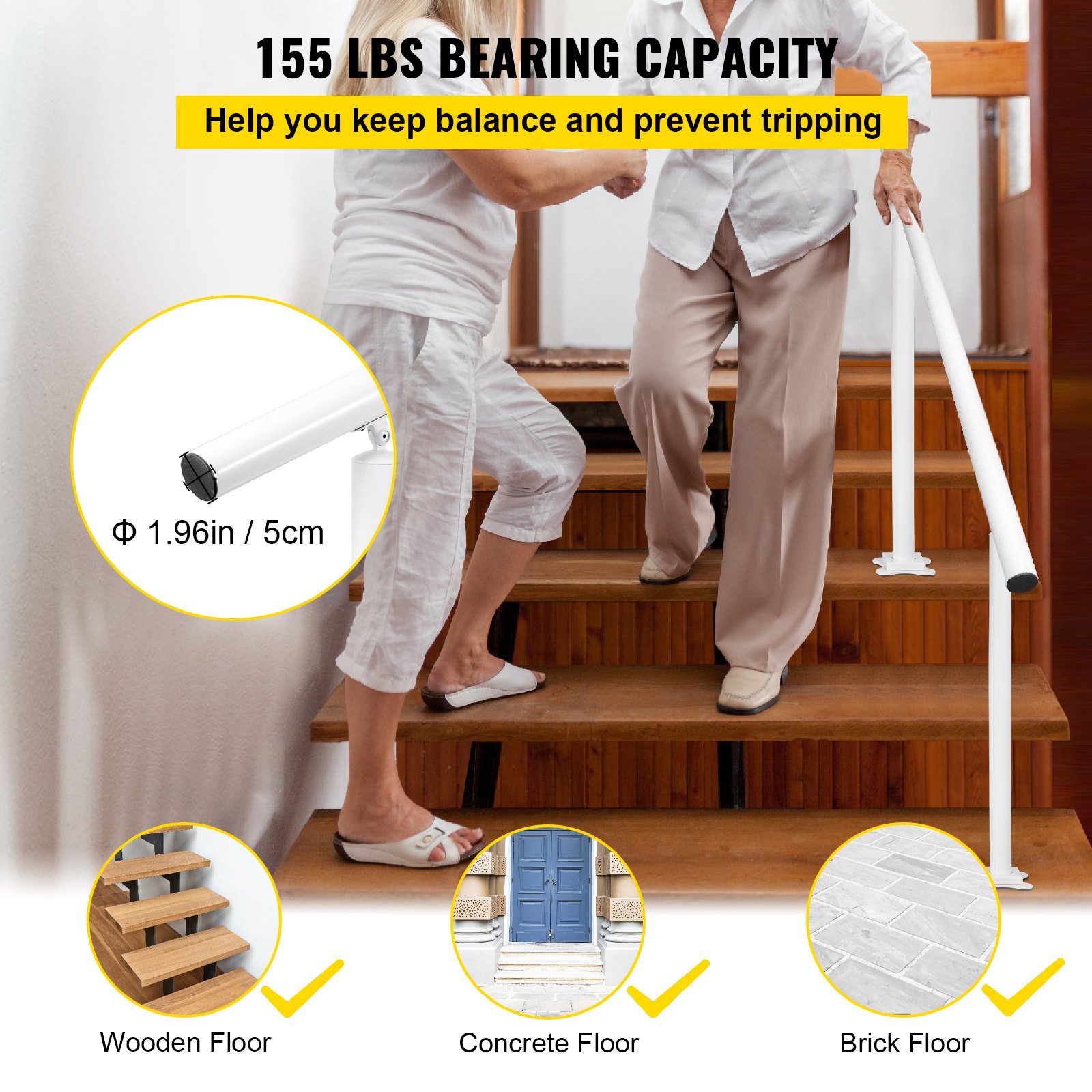 VEVOR Stair Railing Set, 1.5 m Handrails for 0-5 Steps, Adjustable Angle, White Aluminum Stair Handrail for the Elderly, Handrails for Outdoor Steps