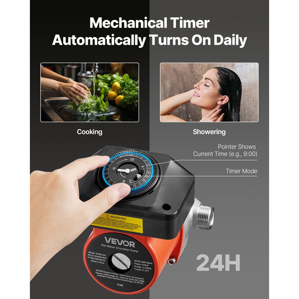 Pompa obiegowa VEVOR z timerem, system pompy obiegowej 38 l/min, 100 W AC 220-240 V, przyłącze pompy grzewczej G3/4" do G1/2", do kotła, podgrzewacz wody