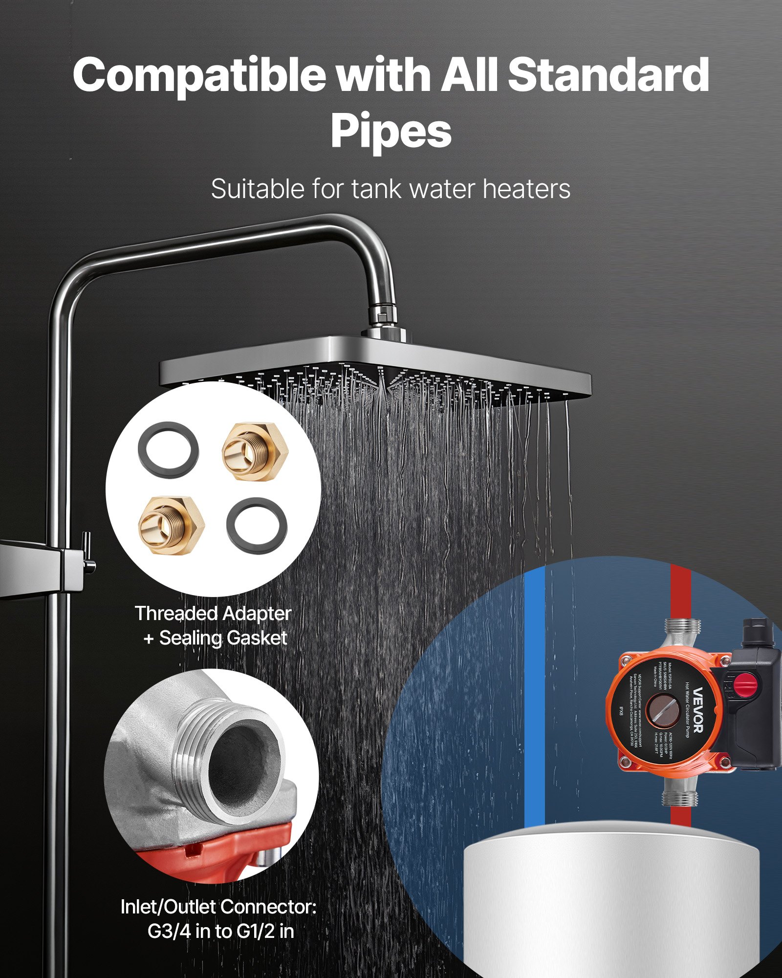 Pompa obiegowa VEVOR, 38 l/min, system pompy cyrkulacyjnej, regulacja 3 prędkości, 100 W, prąd zmienny 220–240 V, adapter G3/4" do G1/2", głowica ze stali nierdzewnej, do systemu podgrzewacza wody