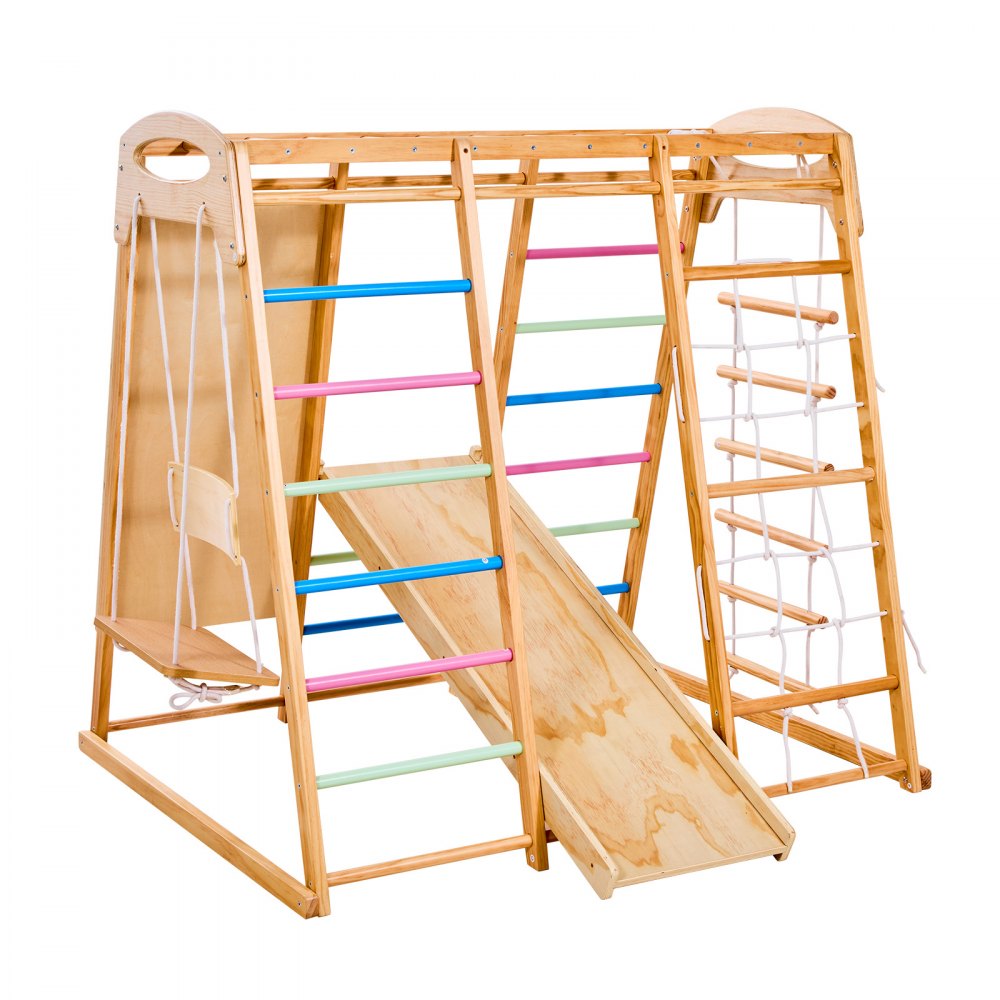 VEVOR Wspinaczka do wewnątrz na plac zabaw (7 w 1) wykonana z drewna, udźwig 113 kg, zestaw wspinaczkowy Montessori z huśtawką/konstrukcją wspinaczkową/zjeżdżalnią/drewnianą drabinką/drabinką linową/siatką wspinaczkową/skałą