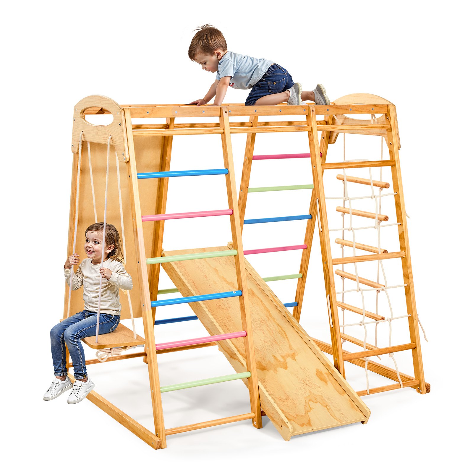 VEVOR Wspinaczka do wewnątrz na plac zabaw (7 w 1) wykonana z drewna, udźwig 113 kg, zestaw wspinaczkowy Montessori z huśtawką/konstrukcją wspinaczkową/zjeżdżalnią/drewnianą drabinką/drabinką linową/siatką wspinaczkową/skałą