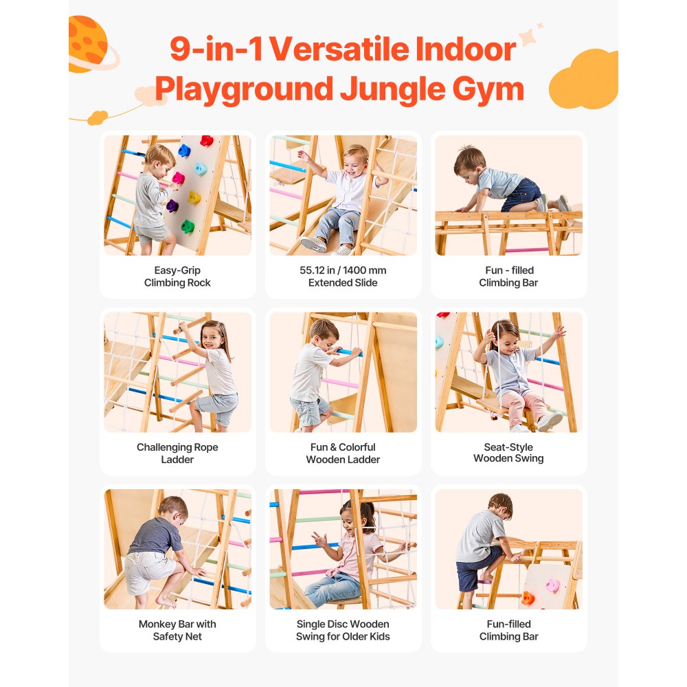 VEVOR Wewnętrzna konstrukcja do wspinaczki na plac zabaw (9 w 1) wykonana z drewna, udźwig 113 kg Zestaw wspinaczkowy Montessori z huśtawkami/konstrukcją do wspinaczki/zjeżdżalnią/drewnianą drabinką/drabinką linową/siatką wspinaczkową/skałą/słupkiem/liną