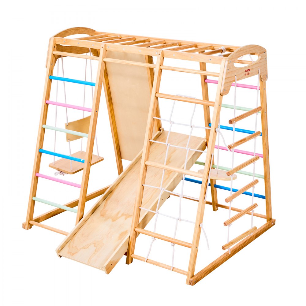 VEVOR Wewnętrzna konstrukcja do wspinaczki na plac zabaw (9 w 1) wykonana z drewna, udźwig 113 kg Zestaw wspinaczkowy Montessori z huśtawkami/konstrukcją do wspinaczki/zjeżdżalnią/drewnianą drabinką/drabinką linową/siatką wspinaczkową/skałą/słupkiem/liną