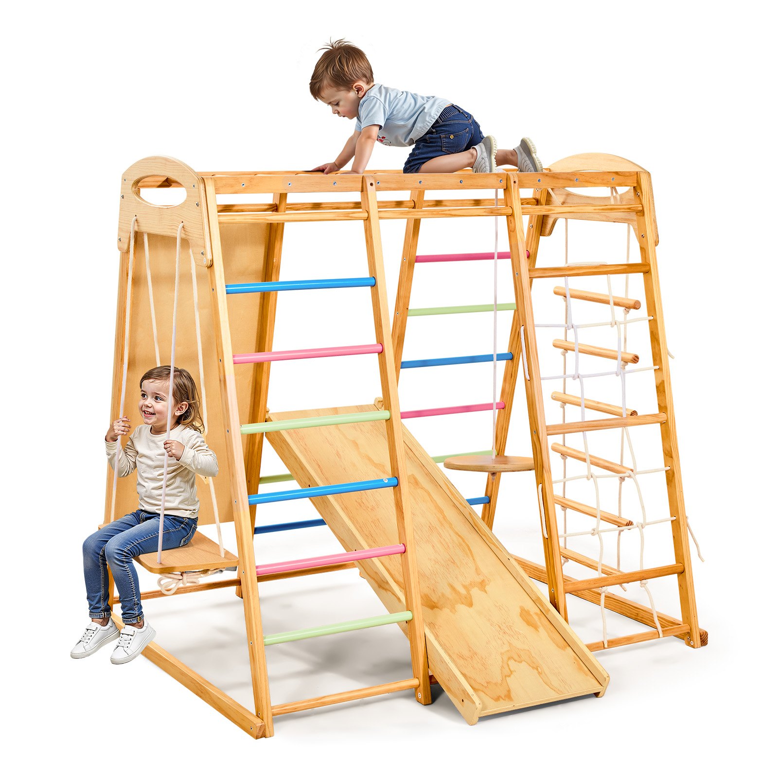 VEVOR Wewnętrzna konstrukcja do wspinaczki na plac zabaw (9 w 1) wykonana z drewna, udźwig 113 kg Zestaw wspinaczkowy Montessori z huśtawkami/konstrukcją do wspinaczki/zjeżdżalnią/drewnianą drabinką/drabinką linową/siatką wspinaczkową/skałą/słupkiem/liną