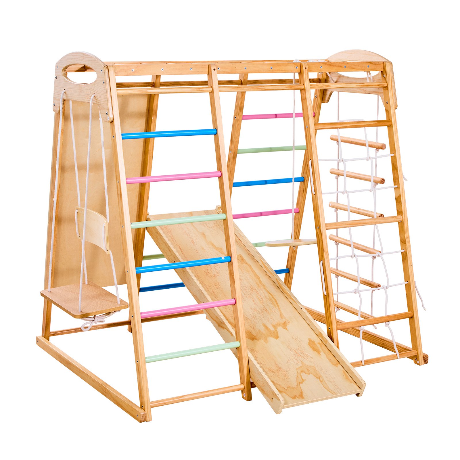 VEVOR Wewnętrzna konstrukcja do wspinaczki na plac zabaw (9 w 1) wykonana z drewna, udźwig 113 kg Zestaw wspinaczkowy Montessori z huśtawkami/konstrukcją do wspinaczki/zjeżdżalnią/drewnianą drabinką/drabinką linową/siatką wspinaczkową/skałą/słupkiem/liną